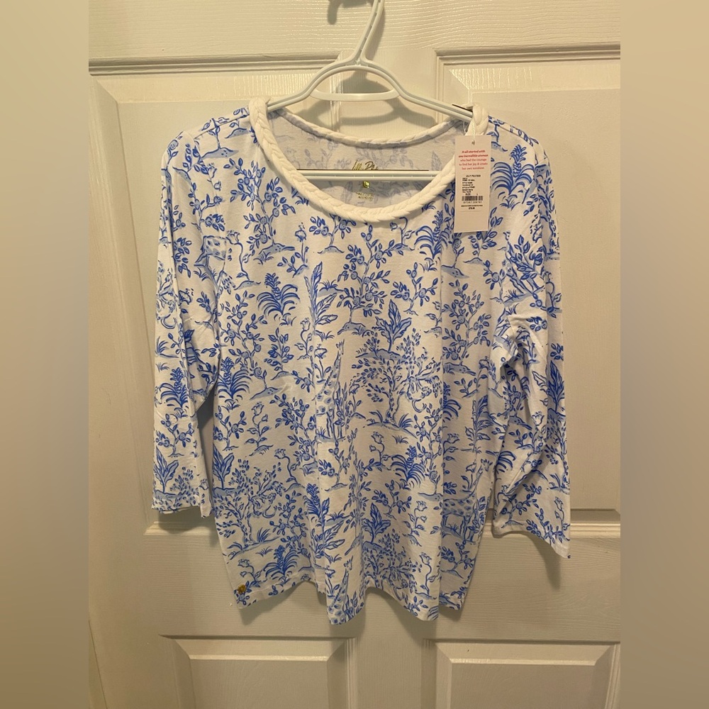 Lilly Pulitzer Blue and White Floral Print Long Sleeve Top